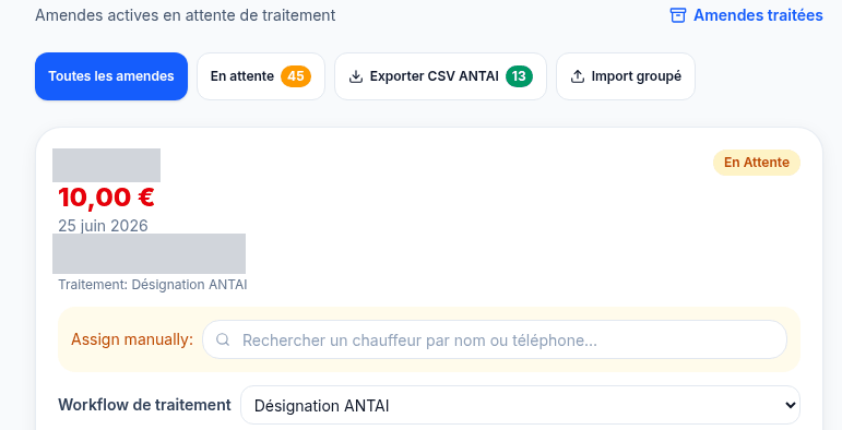 Active fines queue with tabs for all fines, pending, ANTAI CSV export and bulk import, above a pending fine card set to the ANTAI designation workflow with a manual driver-assignment search.
