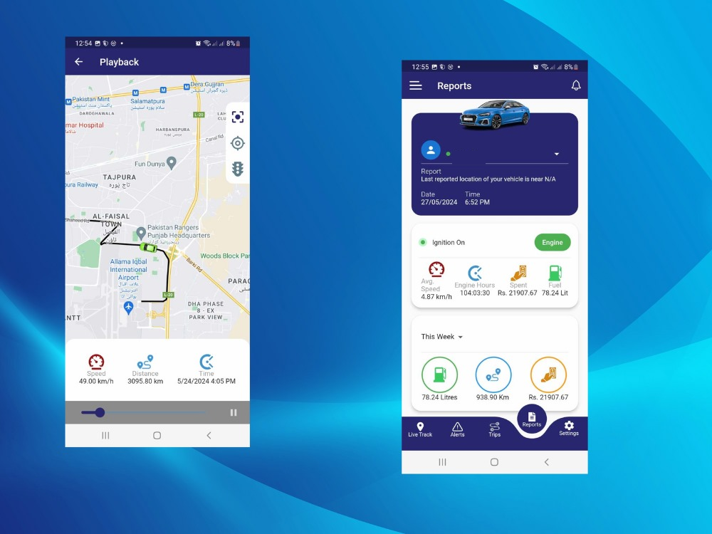 Trafco Track mobile playback of a route on a map with a time slider, beside a vehicle reports screen