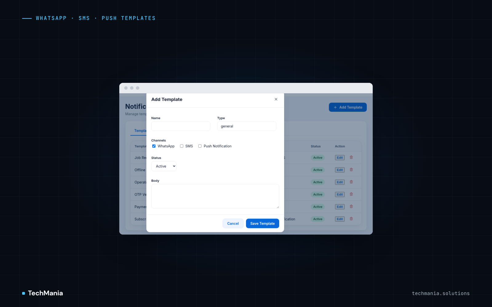 Admin notification template form with WhatsApp, SMS and push notification channel options