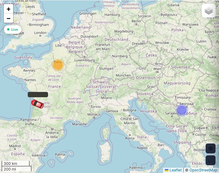 Live fleet map of Europe with clustered vehicle markers and a single vehicle marker in south-west France (counts and vehicle label hidden), and a Live indicator.