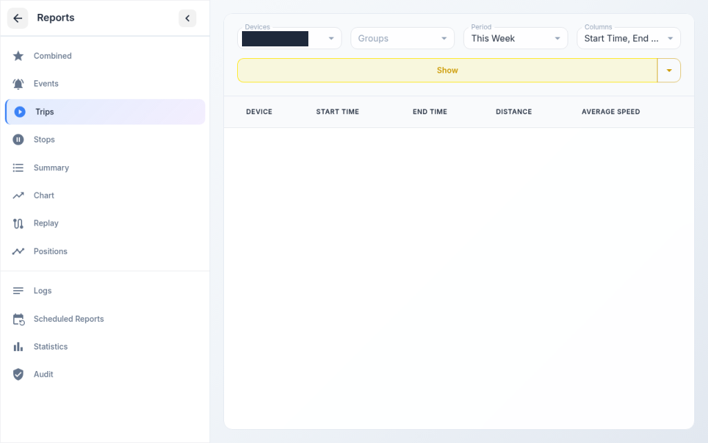 Fleet tracking reports menu with trips, stops, summary, chart, replay, positions and scheduled reports beside a trips report filter