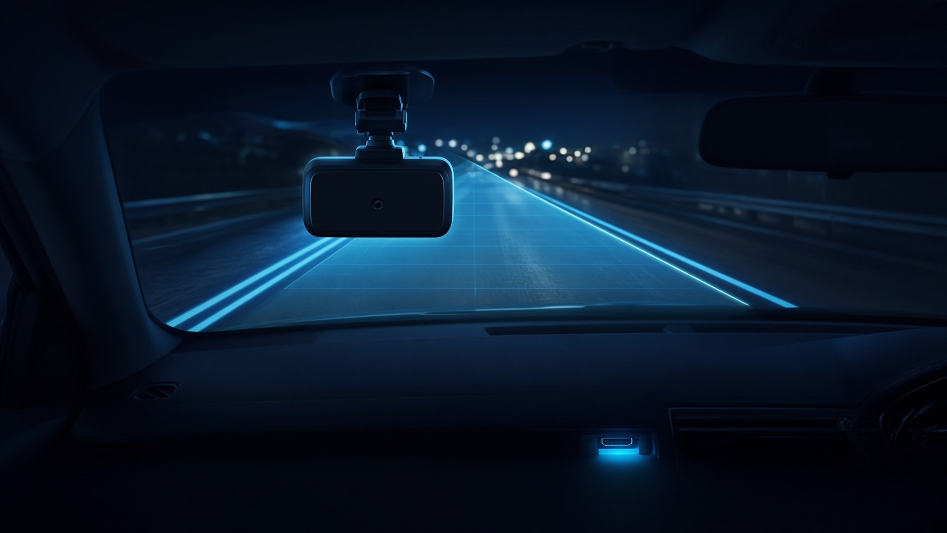 View from a dark car cabin at night: a windshield-mounted dashcam over a glowing lane-lit road, with a lit diagnostics port below