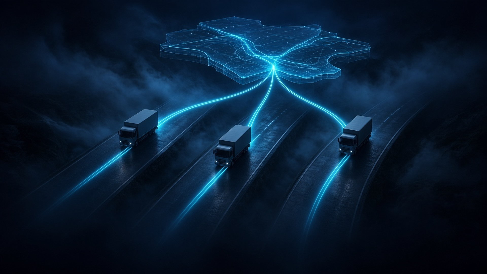 Three unbranded box trucks on parallel night highways, each trailing a cyan route line up into one shared holographic map