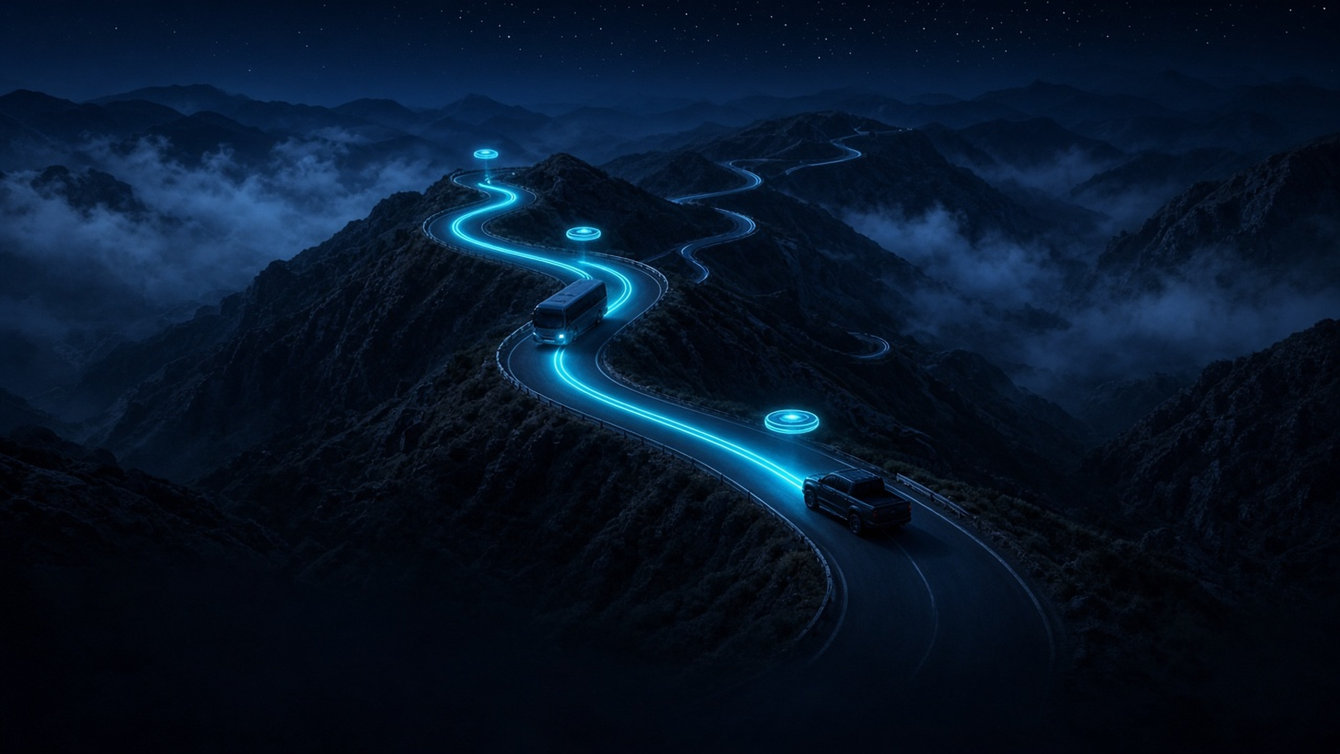 A bus and a pickup on winding mountain switchbacks at night, trailing glowing route lines under hovering GPS beacon rings
