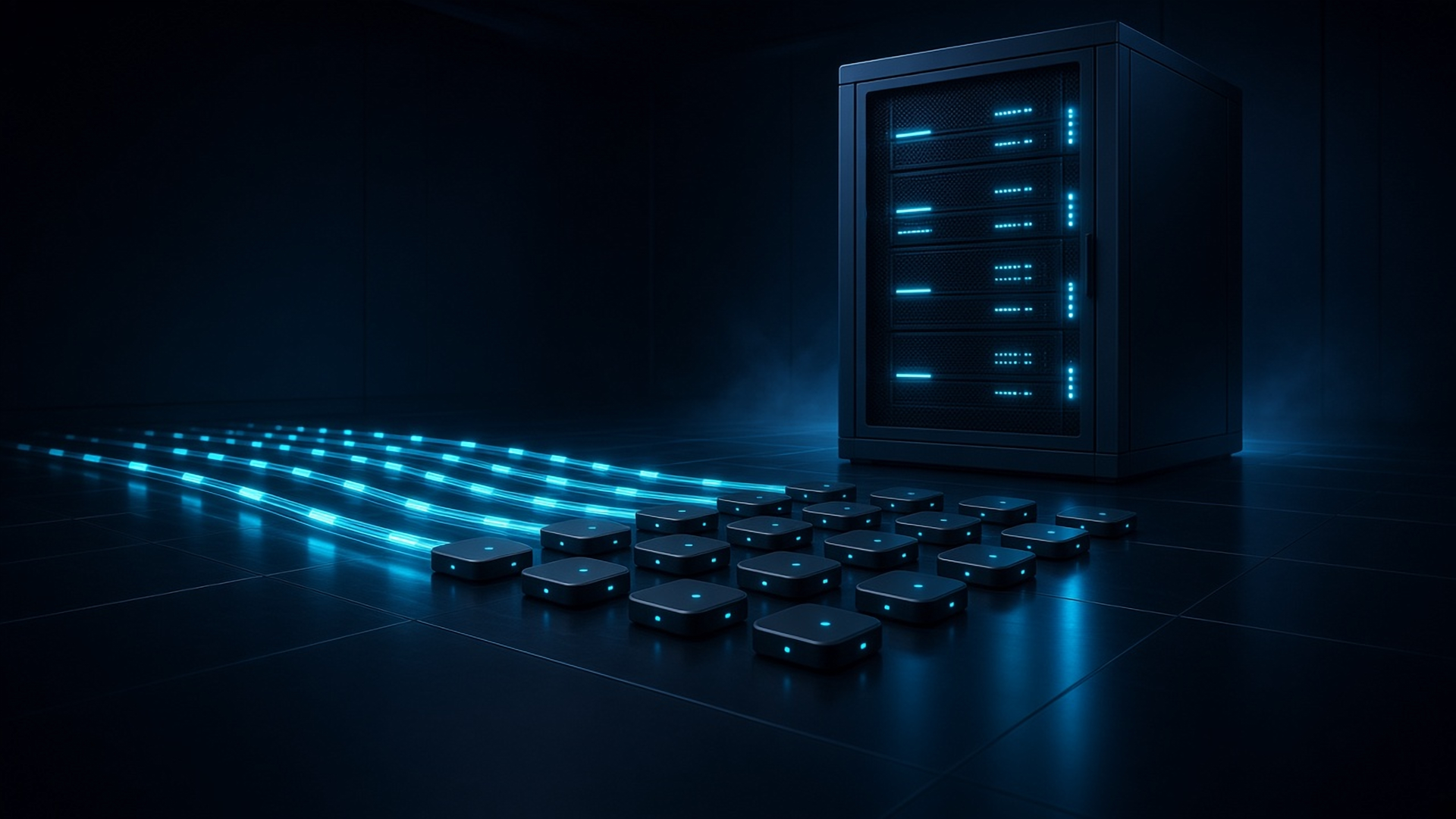 GeoLox: a server rack in a dark room streaming light-pulse data lines into a grid of small GPS tracker units on the floor