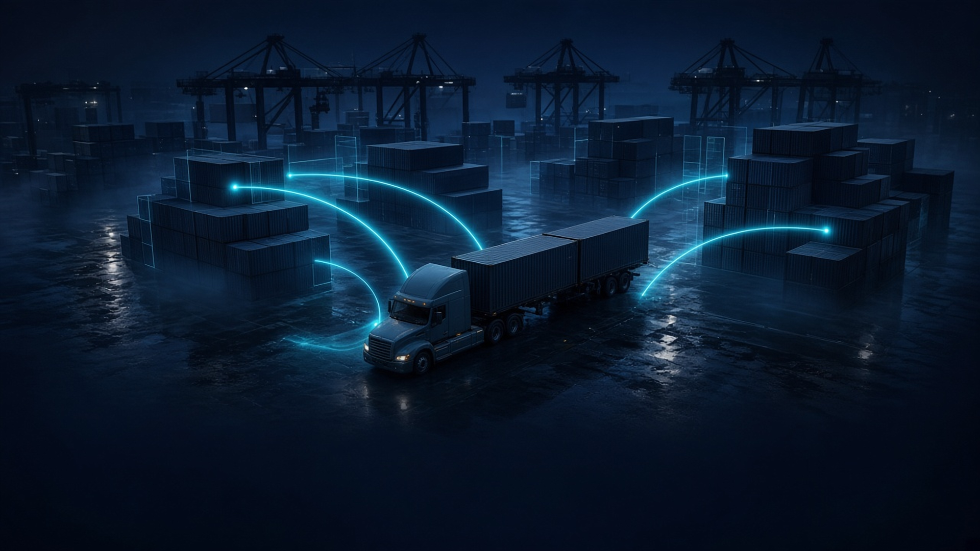 A container truck crossing a wet night port terminal, cyan move arcs linking container stacks under gantry crane silhouettes
