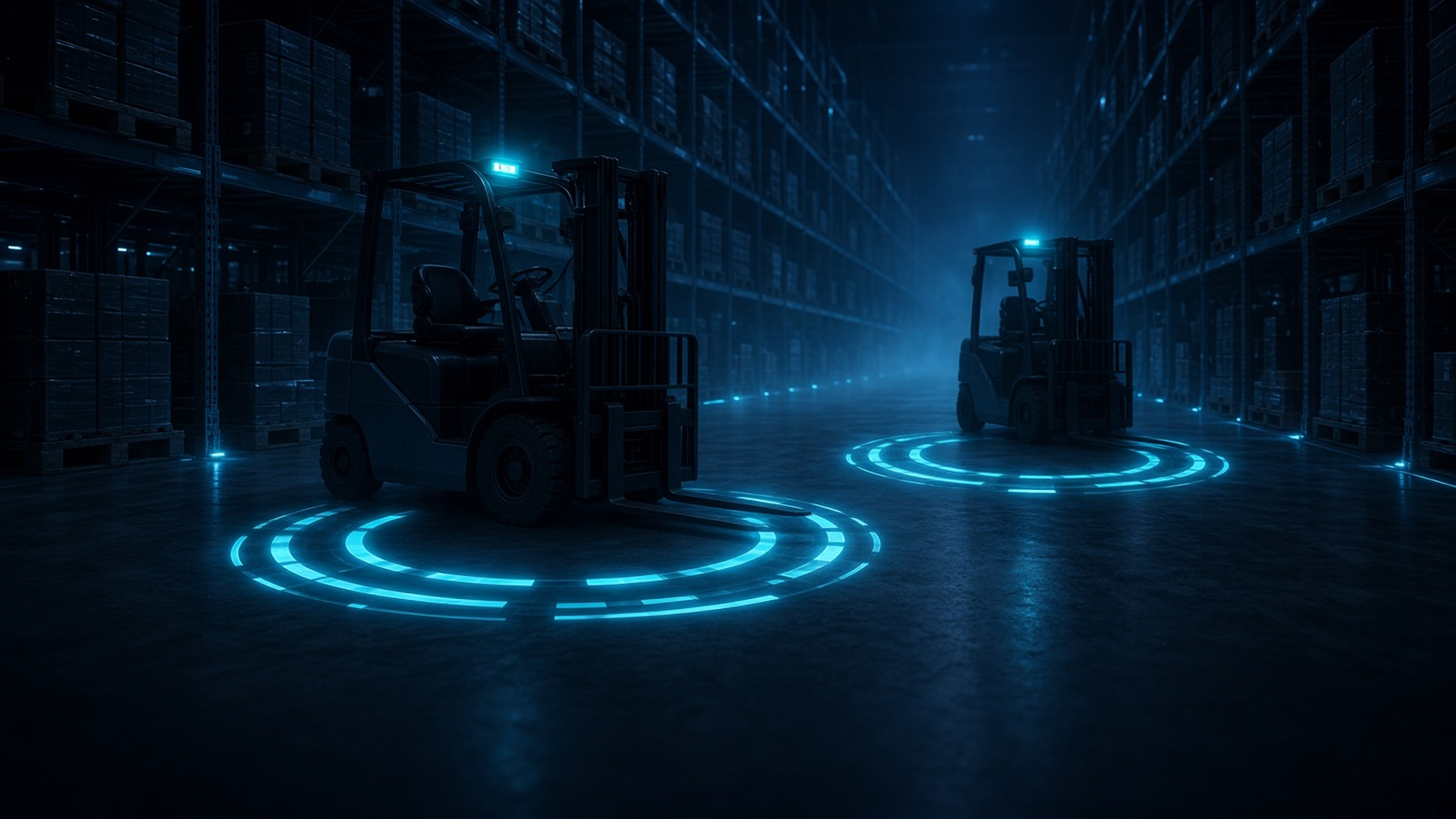 Two forklifts in a dark warehouse aisle, each with a glowing telematics beacon and cyan utilisation rings pulsing on the floor