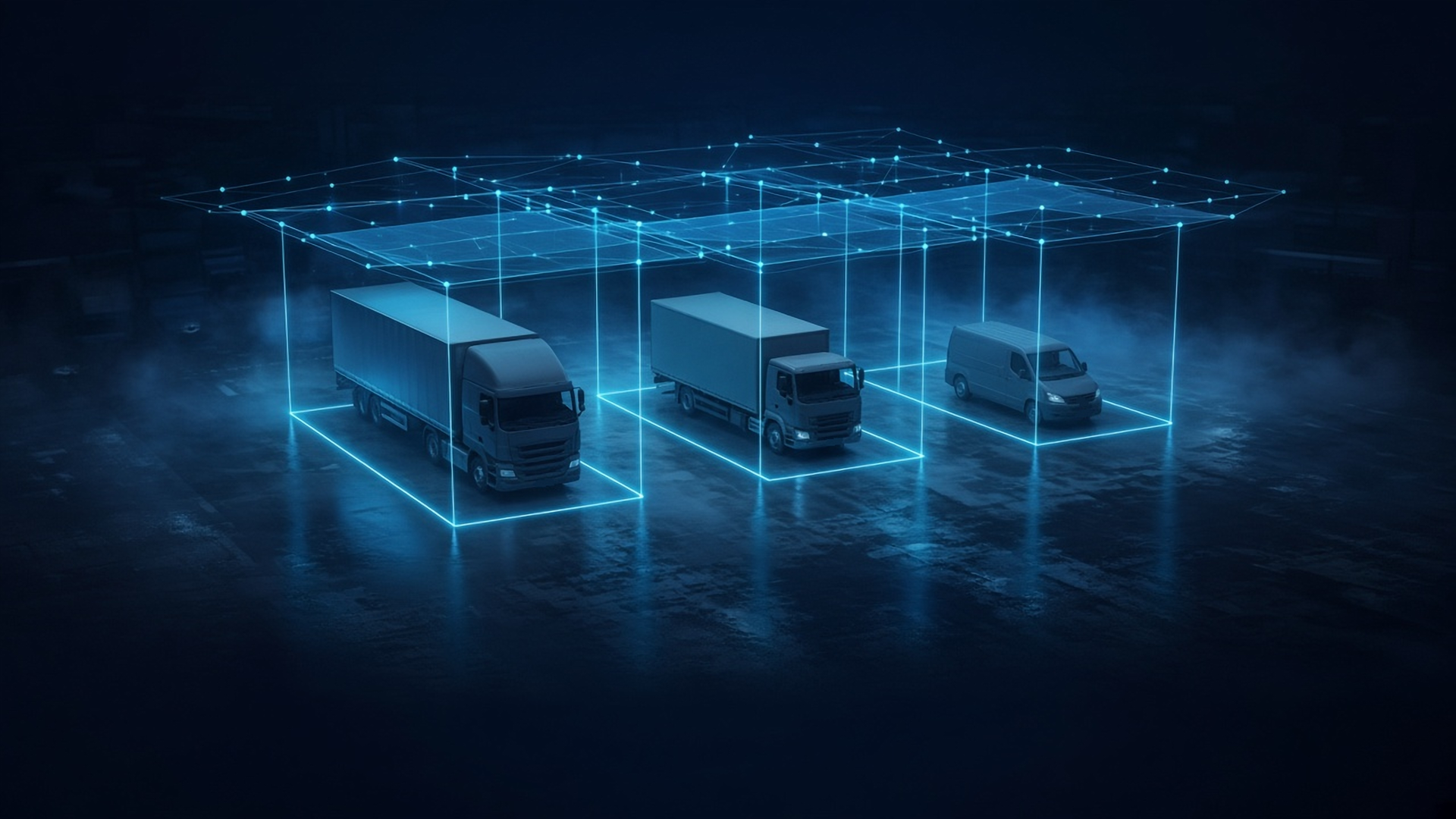A semi-truck, a box truck and a van parked in separate glowing tenant bays under one shared holographic network canopy at night