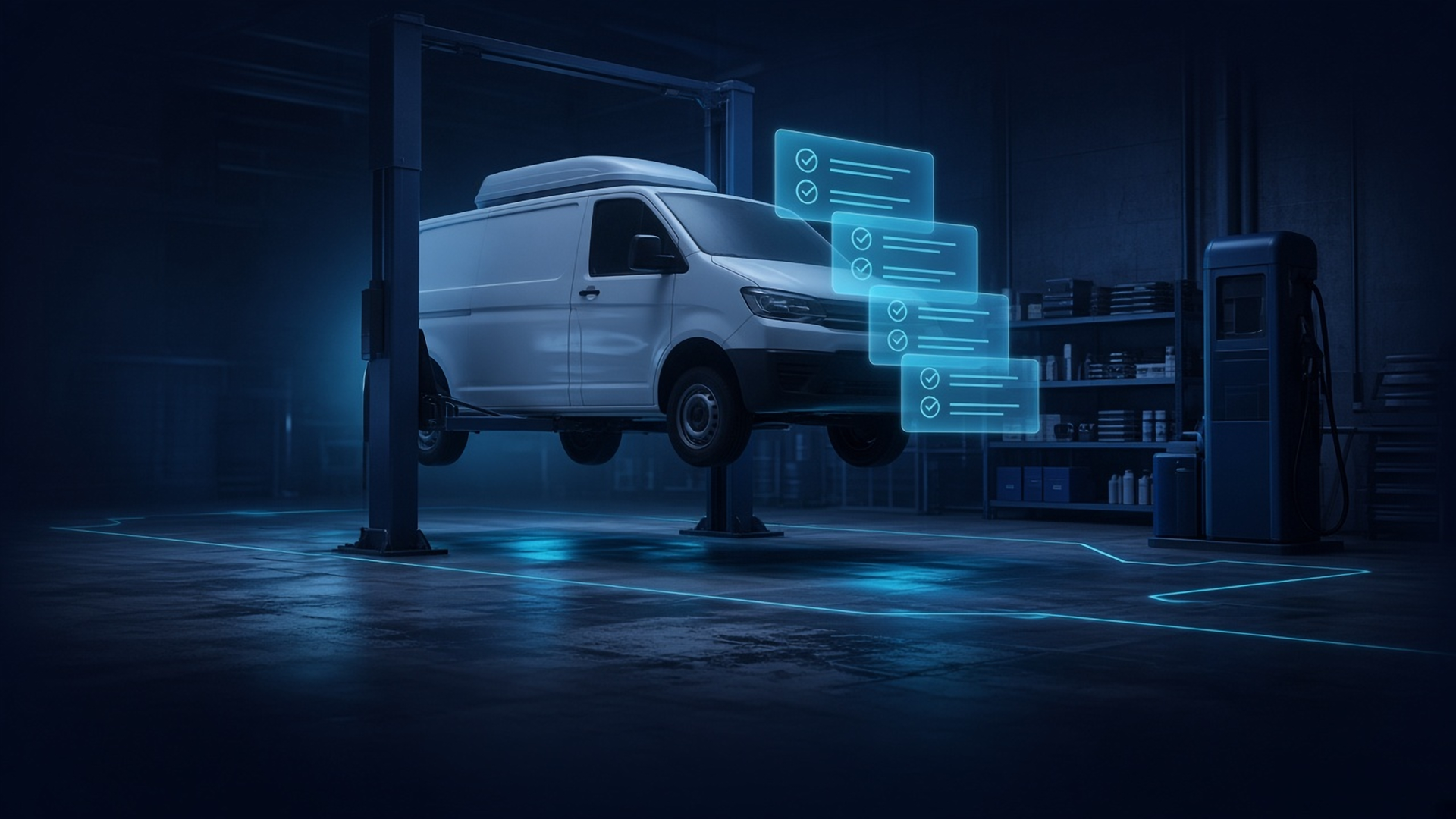 A white van on a lift in a night maintenance garage beside a fuel pump and parts shelves, with floating checklist holograms