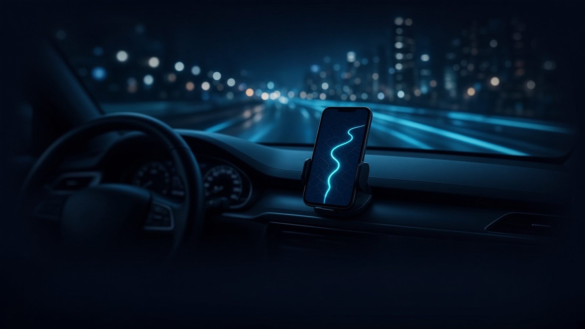 Chauffeur driver app: a phone in a dashboard mount showing a glowing route line, city lights blurred through a night windshield