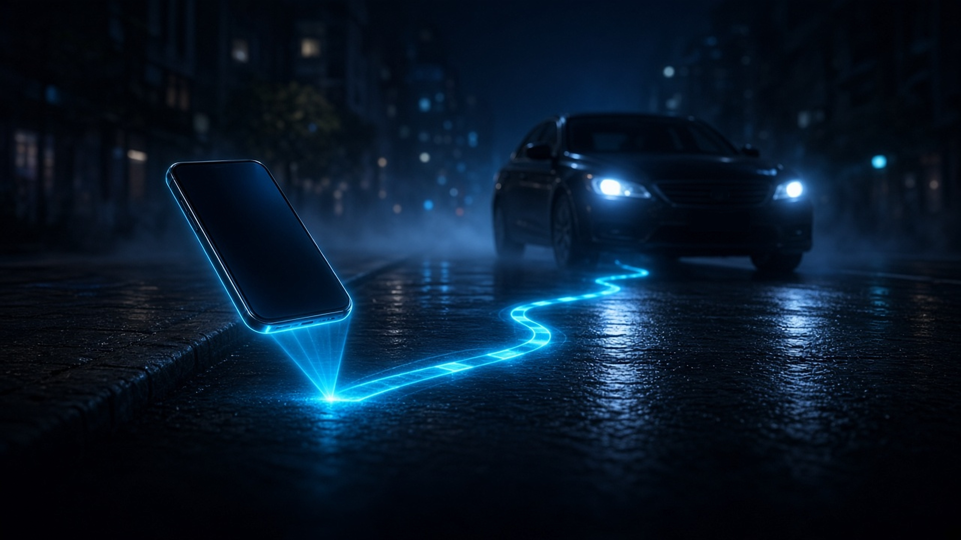 Chauffeur rider app: a smartphone above a wet night street projects a glowing route toward an approaching dark sedan