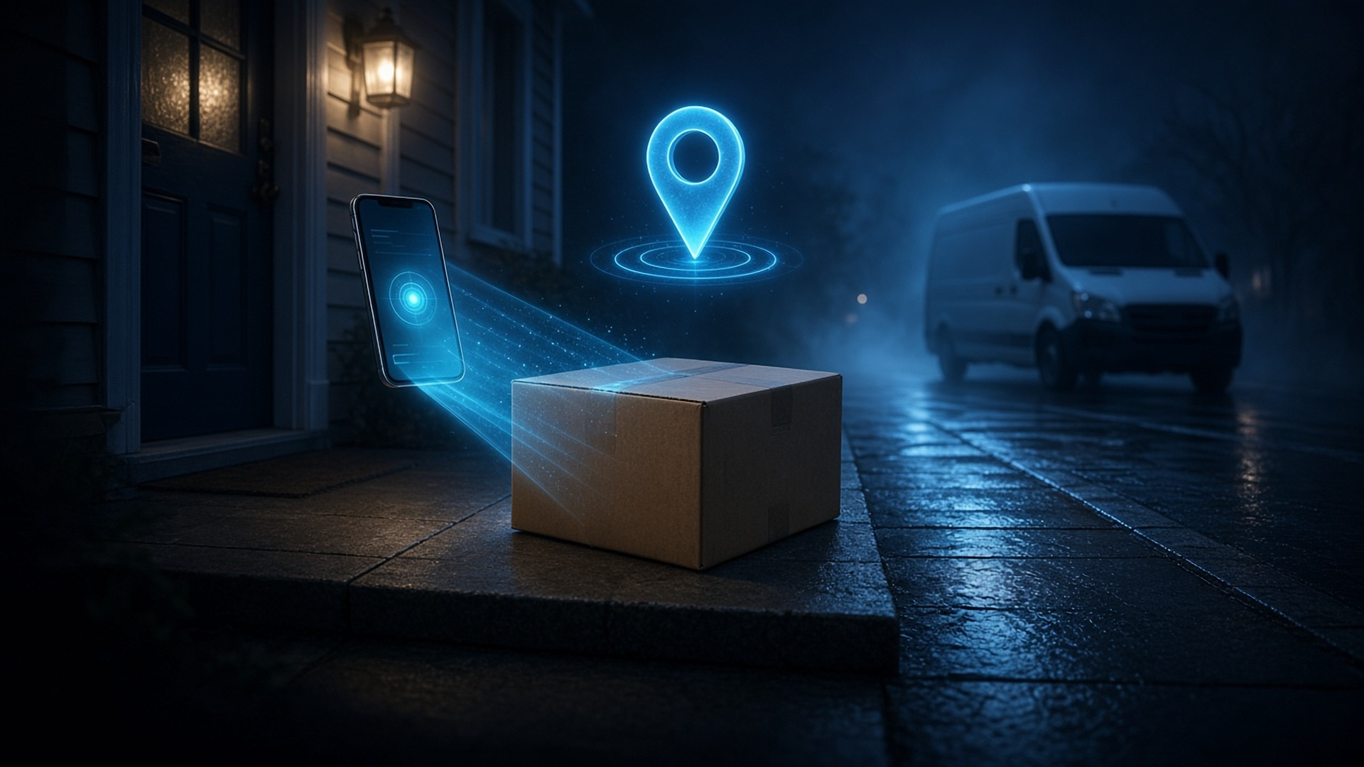 Courier app: a phone scans a parcel on a night doorstep, with a glowing stop pin above and a delivery van at the curb