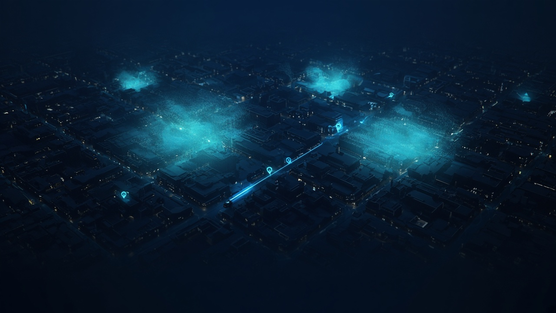 Aerial night city grid with glowing cyan demand heatmap blooms over districts and one car tracing a light trail between them