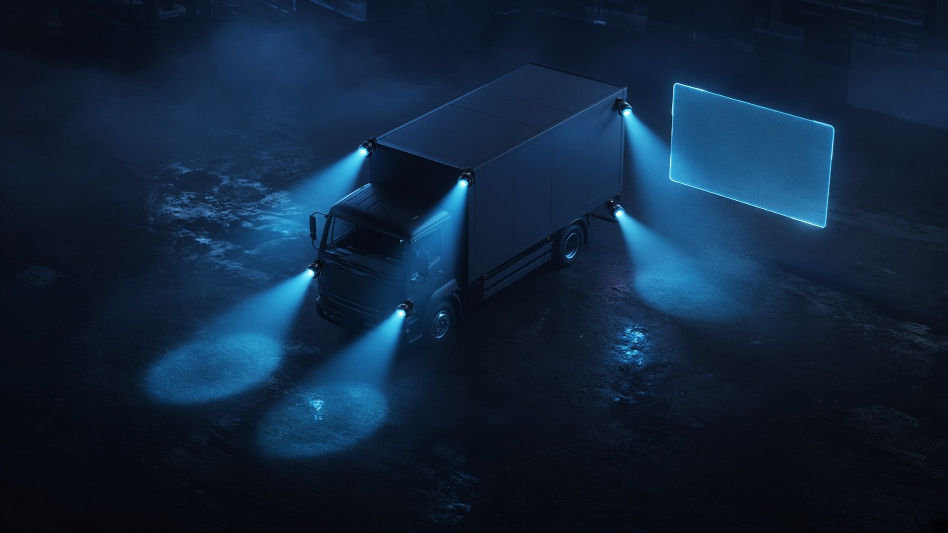 A box truck in a dark yard with small cameras glowing at its corners, cyan view cones on the ground and a blank video panel