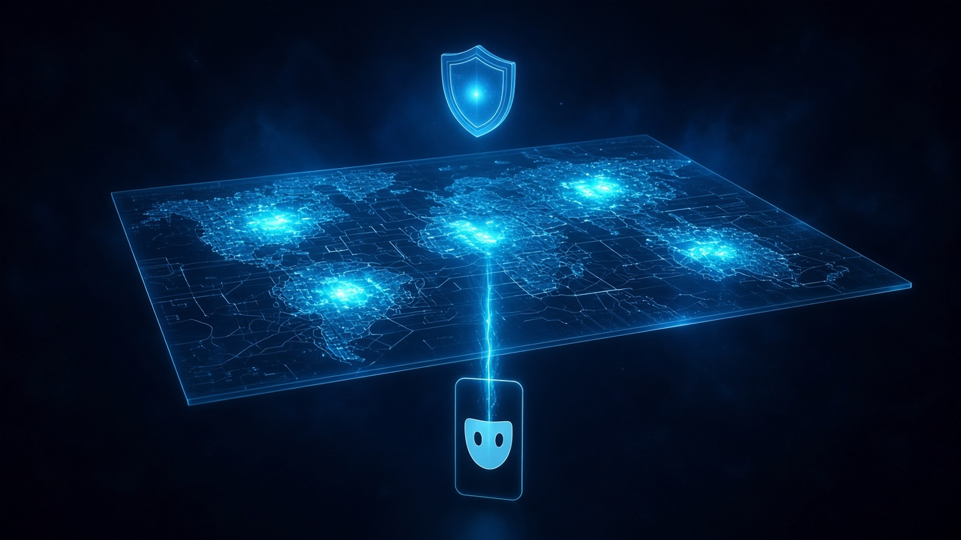 Anonymous incident reporting: a masked phone icon sends a signal up to a glowing hotspot map, with a shield glyph above it