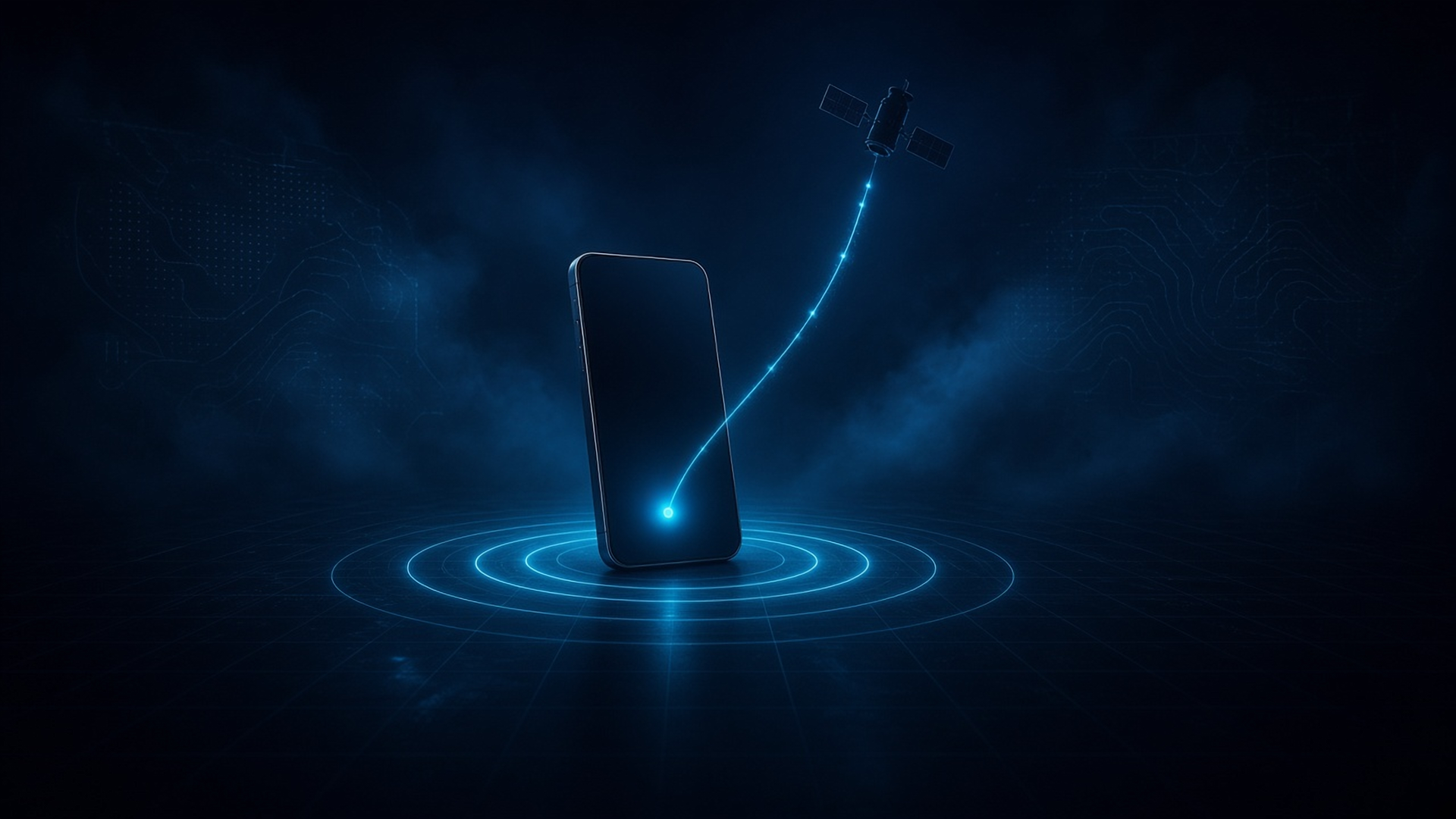 A smartphone standing on a dark grid floor sends pulsing location rings outward and a glowing route line up to a satellite
