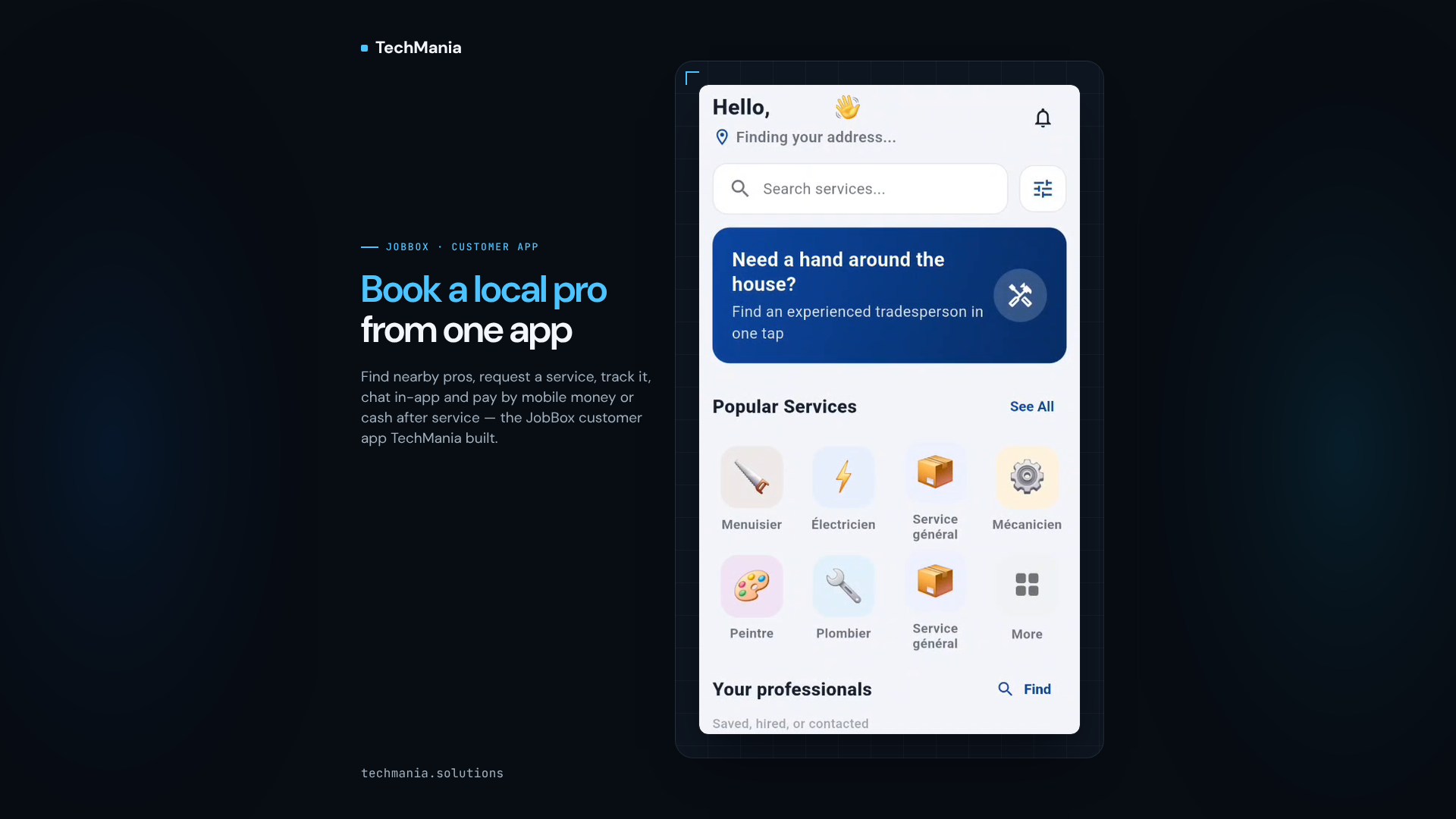 JobBox customer app: home screen with service search and categories beside the line Book a local pro from one app