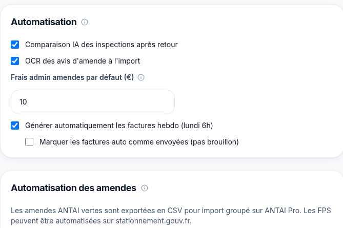 Automation settings with AI comparison of return inspections, OCR of fine notices at import, a default fine admin fee and automatic weekly invoice generation, plus a fines-automation note on ANTAI CSV export and FPS payment.